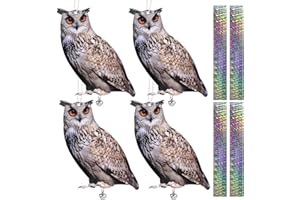 KUNGFU MALL Piatto Finto Gufo Scaccia Piccioni, Dissuasori per Piccioni con Nastro Riflettente, Picchi Dissuasore per Uccelli, 4 Pezzi Spaventa Piccioni, Piccioni Dissuasori Balcone Lontano Piscina Giardino Patio