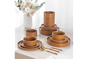 LeRatio Dinner Set for 6, 18 Piece Stoneware Plates and Bowls Set, Chip and Scratch Resistant Dinnerware Set, Oven & Dishwasher & Microwave Safe Crockery Set (Amber, Service for 6)