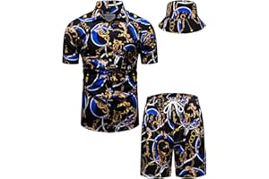 fohemr Herren barock 2-Teiliges Outfit Golden Chain Muster Hemd shorts mit Eimerhut Freizeitanzug Sommer Urlaub Strand set