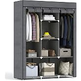 HOMCOM Folding Fabric Wardrobe with 2 Bars 125x43x16 cm Dark Grey | Portable Wardrobe 8 Shelves Steel Frame Bedroom Dressing