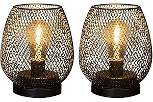 pearlstar 2 Pack Metal Battery Operated Table Lamp Metal Cage Shape Cordless Lanterns with LED Edsion Bulb for Patio Garden Wedding Parties Indoor Outdoor Living Room (Black)
