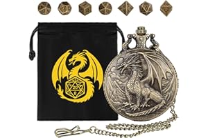 DND NURD Mini DND Dice Set with Steampunk Dragon Pocket Watch Shell Case, 7pcs Polyhedral Metal D&D Dice, Bronze