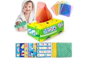 ONLYFUN Jouet Boîte à Mouchoirs 6 Mois Jouets Sensoriels Carrés, en Peluche, à Contraste Elevé et Froissés, Boîtes de Tissu, Jeux Montessori pour Les Bébés de 6 à 12 Mois