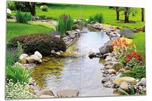 Wallario Herdabdeckplatte/Spritzschutz aus Glas, 2-teilig, 80x52cm, für Ceran- und Induktionsherde, Blumen am Teich