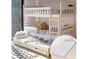 ‎KIDS COLLECTIVE Kids Collective Hochbett 90x200 mit 3 Matratzen, Ausziehbett Etagenbett mit Ausziehfunktion, Zwei Schubladen, Lattenrost, Rausfallschutz umbaubar in DREI Einzelbetten, Vollholz massiv | weiß