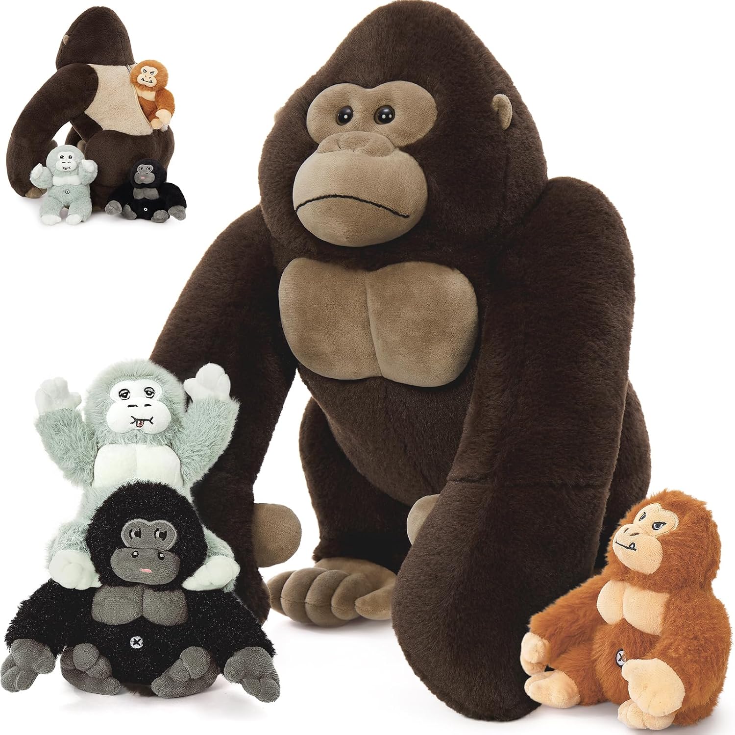 MorisMos Big Gorilla Soft Toy with Babies inside, Lifelike Large Giant Gorilla Monkey Teddy Stuffed Animal Plush Cuddly, Kawaii Presents for Kids Girls Boys Birthday Party Decorations (50 cm)