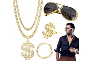 GOLDGE 4St Zuhälter Kostüm Goldene Dollar Kette Set, 70er 80er 90er Jahre Accessoires mit Goldkette Herren Armbänder Ring Brillen, Hip Hop Kostüm Rapper Accessoires für Mottoparty Fasching Karneval