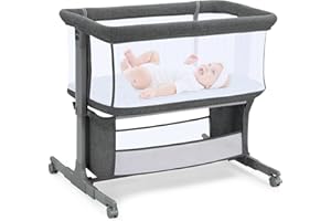 Growaystory Beistellbett Baby Bettseitiger Bassinet für Neugeborene Tragbarer Baby Bett mit Rädern Aufbewahrungskorb Matratze 7-Fach Höhenverstellbar Zustellbett (Dunkelgrau)