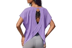 Weardear Damska koszulka sportowa z krótkim rękawem, funkcyjna, bez pleców, luźny krój, sportowa, oddychająca, na siłownię, jogę, trening, fitness, długi top na lato