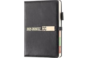 HOLDERZYI Agenda 2025-2026, tamaño A5, página al día, día por página, agenda diaria y mensual de 12 meses con pestaña mensual colorida, organizador de tapa dura con marcadores, bolsillo interior (negro)