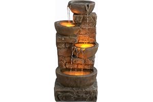 Teamson Home 84.5 cm Cascading Bowls & Stacked Stones LED Outdoor Water Fountain for Outdoor Living Spaces, Brown