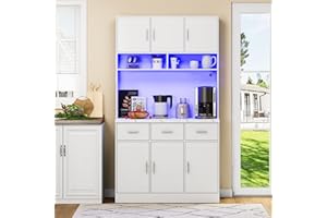 Ligterra Armario buffet, 100 x 40 x 180 cm, buffet con iluminación LED con mando a distancia, cajones, estantes ajustables, agujeros para cables y enchufes, para cocinas y comedores (blanco)