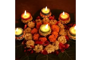 4OUR FAITH 6 Pc Set Medium Size Decorated Multicolor Embossed Clay MATKI with Wax Filled Diya | Diwali Pooja Handmade Dia | Terracotta - Natural EARTHEN Diya - Handpainted with MDF Gift Package