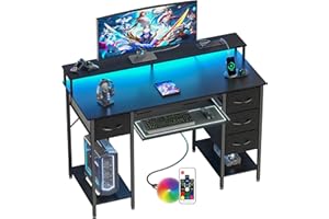 BEXEVUE Scrivania Moderna LED con Ciabatta - 120x50cm Scrivania Gaming Tavolo Computer con Supporto Monitor Vassoio per Tastiera, 4 Cassetti Reversibili, Grande Spazio Studio Gioco Lavoro Casa Ufficio