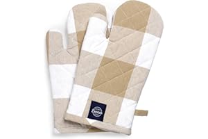 Encasa XO Long 18x30 cm Guantes de Mano para Microondas para Horno (2 pcs Set) para Cocinar y Hornear en la Cocina - Resistente al Calor, Grueso y Seguro - Verificaciones de Buffalo Beige