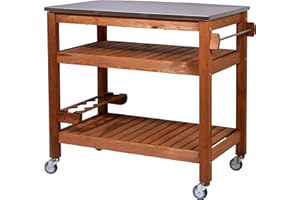 dobar® 35540FSCe - Tavolo multifunzione con carrello arrotolabile, in legno massiccio, con piastra in acciaio inox, 94 x 58 x 90 cm, colore: Marrone