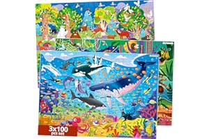 Grand Puzzle 100 Pieces Enfant 4 5 6 Ans - Lot de 3 Jigsaw Puzzle de Sol par Quokka - Océan Insectes Animaux de la Forêt Jeux Educatif - Cadeau Jouet pour Fille et Garçon 7 8 10 Ans