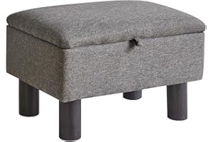 Aibiju Small Ottoman Storage Footstool with Wood Legs, Linen Foot Stool,Pouffe Stool Change Shoe Footrest for Living Room Bedroom Entryway Office, Light Grey,YD-JD1364