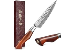 HEZHEN Couteau Universel Damas Couteau de Chef 13cm Couteau de Cuisine Acier en Poudre,Finition de Marteau, Manche en Bois Massif Dalbergia- Série de Master