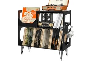 Plattenspieler Regal, Großer Rustikaler Plattenspieler Tisch mit Schallplattenlagerung, Plattenspieler Ständer mit Metallbeinen, Schallplatten Schrank für Wohnzimmer, Schlafzimmer, fasst 370 Alben