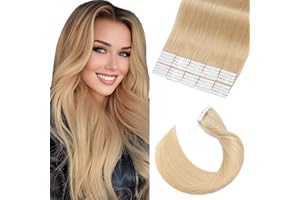 ELAILITE Tape in Hair Extensions Human Hair Full Head 40 pcs Straight Skin Weft Real Remy Hair Extension (22 inches 100g, 40pcs/set, #24 Natural Blonde)