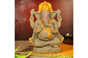 TIED RIBBONS 6.5 Inch Eco Friendly Clay Ganesha Idol for Visarjan with 12 Inch Aasan | Yellow | Ganesh Chaturthi Decorations for Home, Mandir, Temple, Puja | Clay Ganesha Statue