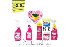 D'ANIELLO 7er Set 2x Reinigung Paste - Pink Stuff Cremereiniger Mehrzweck 500ml - Badezimmer Reinigungsspray 750gr - Badezimmerschaumreiniger750ml - Glasreiniger 750ml - 8x Reinigungsschwamm