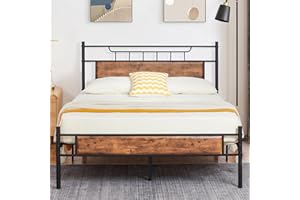 VECELO Double Size Platform Bed Frame with Wood Headboard, No Box Spring Needed,Heavy Duty Steel Slat and Anti-Slip Support,14 Strong Metal Slat Support, Easy Assembly, Rustic Brown