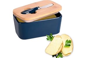 Xabono Butter Dish With Lid Blue Large Preserve the Freshness - Storage Bamboo Knife Attractive Ceramic and Knife, 4.5''x6.1''x2.8'' (BDB)