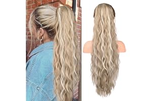 ‎FLUFYMOOZ Flufymooz Ponytail Extension Pferdeschwanzverlängerung, 66 cm Pferdeschwanz mit Kordelzug Haarverlängerungen, Lockiger Pferdeschwanz Synthetisches Haarteil für Damen (Blond mit Highlights)