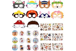 ANBOBILI Favor de Fiesta, 30 Piezas de Paw Dog Patrol Regalos para Fiestas con 12 Máscaras de Paw Dog Patrol 12 Insignias Patrulla Canina 6 Hojas de Pegatinas para Tatuajes, Regalo para la Fiesta Infantil