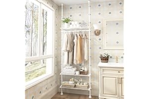 DYN Ptah 4-Tier Over Toilet Bathroom Organizer Floor to Ceiling, Over The Toilet Storage Rack with Tension Poles/Shelves/Clothes Rail, Adjustable Height, Width and Position, Metal White