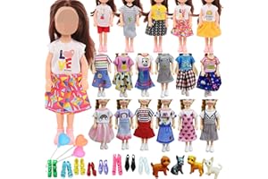 WANDERGO 18PCS Clothes Outfit Compatible with Chelsea Dolls 6inch, Doll Accessories Including 12 PCS Random Style Dresses, 2 Pair of Shoes, 1 Random Dog and 3 Colorful Balloons for Kids Girls Gift
