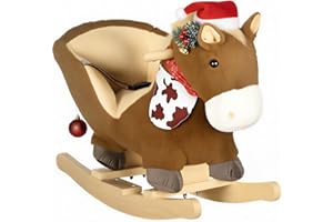 HOMCOM Kids Rocking Horse Plush Ride On Horse with Safety Belt, Realistic Sounds, Foot Pedals for Toddlers Aged 18-36 Months - Brown