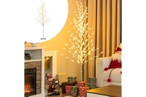 COSTWAY Drzewko świetlne LED, brzozowe drzewko z diodami LED, ciepła biel, sztuczna choinka z metalowym stojakiem, podświetlana choinka dekoracyjna (155 cm)