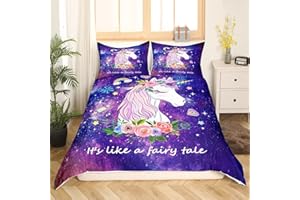 HOMEWISH Einhorn Bettbezug 135x200 Mädchen Prinzessin Schlafzimmer Dekor Kawaii Regenbogen Einhorn Bettwäsche Set Cartoon Funkelnde Sterne Bettbezug Süßes Liebes Herz Muster Rosa Bettbezug mit 1 Kissenbezug