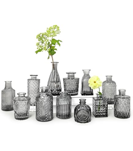 Lot de 24 petits vases en verre transparent avec couvercles pour décoration de table, mariage, réception, maison, bouteilles vintage (24, gris fumé