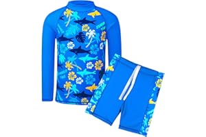 HUANQIUE HUAANIUE Boys Scrawl Black Swimsuit UPF 50+UV Protection Two Piece Swimming Set 5-14Y Longsleeve Rash Guard Boysuit Costume
