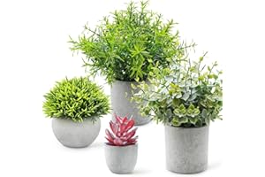 BEKOMIYA 4 Set Artificial Plants Indoors - Small Fake Plants, Eucalyptus, Rosemary, Mini Succulents Faux Plants for Office Desk Bedroom Kitchen House Decoration