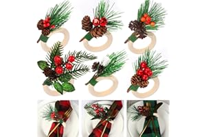 JUNEBRUSHS 12pcs Christmas Napkins Rings Christmas Pines, Red Berries, Holly Bells Napkin Rings?Holder Decor for Dinner Christmas Parties Holidays Christmas Napkin Holder Holiday Napkin Rings