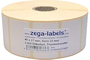 ZEGA-LABELS Thermotransfer Etiketten auf Rolle - 40 x 27 mm - 2.000 Stück je Rolle - Kern: 25 mm - aussen gewickelt - permanent haftend - Druckverfahren: Thermotransfer (Drucken mit Farbband)