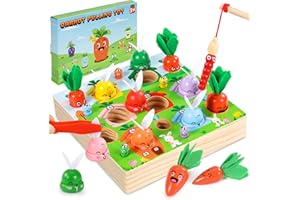 COOLJOYA Jouet Enfant 2 Ans | 3-in-1 Jeux Montessori Enfants 2 3 4 Ans | Jeu de pêche Récolte de Carottes | Jouet en Bois pour Cadeau 2+ Ans Fille Garcon Bébés