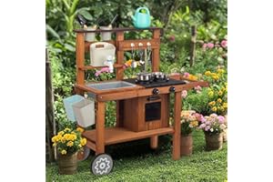 WOODENFUN Outdoor Play Kitchen Garden Play Kitchen Mud Kitchen Kids Outdoor With Wheels, Kettle, Sink, Wooden Plant Container, Children's Kitchen