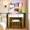 Gurexl RGB Dressing Table with Wireless Charging Station,7 Dynamic and 7 Static Dimmable Vanity Table with Glass Desktop,Vanity Mirror with Lights Desk&Chair,8 Drawers,Stool,White