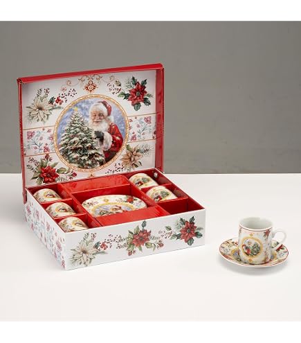 Lot De 6 Tasses à Café De Noël Avec Soucoupes - Porcelaine Blanche, Décor Doré Et Père Noël - 80 Ml