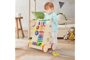 Joyz Trotteur Bébé, Chariot de Marche Bois Naturel, Multifonctionnel, Baby Walker Plus 1 an, Jouet Montessori + 7 Activités Ludiques, Aide à la Marche avec Pneus en Caoutchouc, Chariot de Jeu/Marche