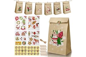 GANYESIN Calendrier de l'Avent à Remplir, Calendrier de l'Avent DIY, Magnifique Décoration Noël avec 24 Sacs en Papier Kraft de l'Avent avec Numérique Autocollants (Marron (Corde marron))