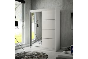 ‎MARS MEBLE Mars Meble Schiebtürenschrank Paco 120cm Kleiderschrank inkl. 2 Schiebtüren Schrank mit Spiegel Kleiderstange, Breite: 120 cm, Farbe: Weiß