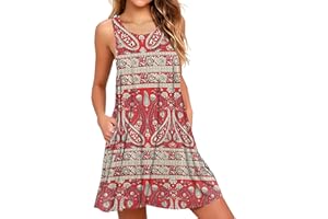 AUSELILY Sommerkleid Damen Rundhals Knielang Freizeitkleider Strand Trägerkleid mit Taschen