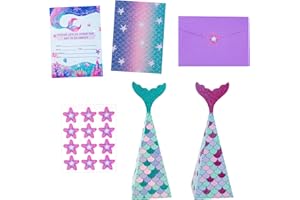 OPUHOHR Mermaids Birthday Invitation and Party candy Boxes Set, Party Invitation Cards with Starfish Sticker Envelopes, Mermaid Tail Treat Candy Boxes for Mermaid and Sea Themed Party Supplies